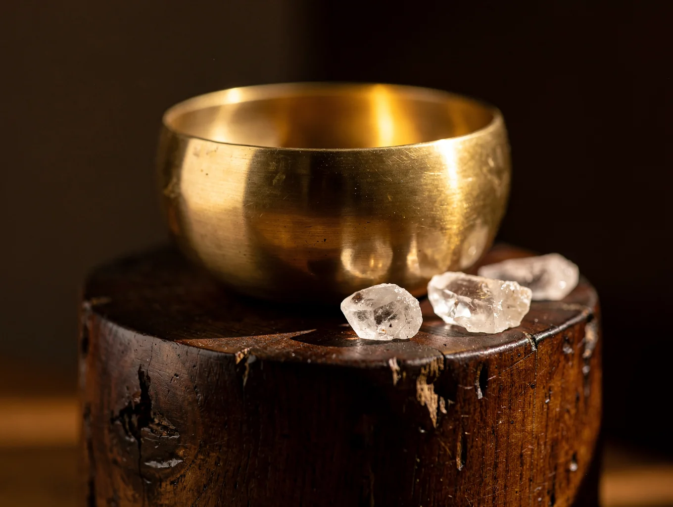 Hand-hammered singing bowl on a rustic wooden bench