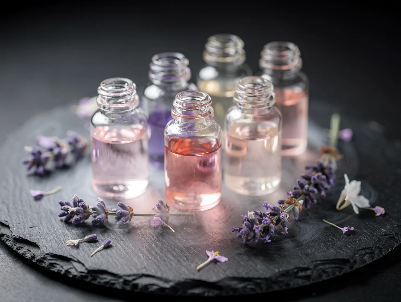 Glass vials of essential oils resting on charred cedar wood