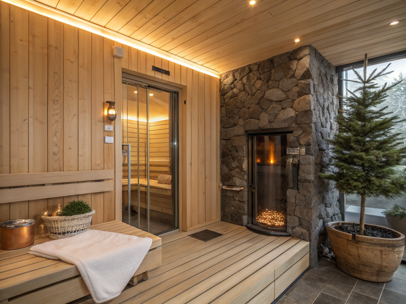 Soft glowing light spectrum inside a dark wooden sauna