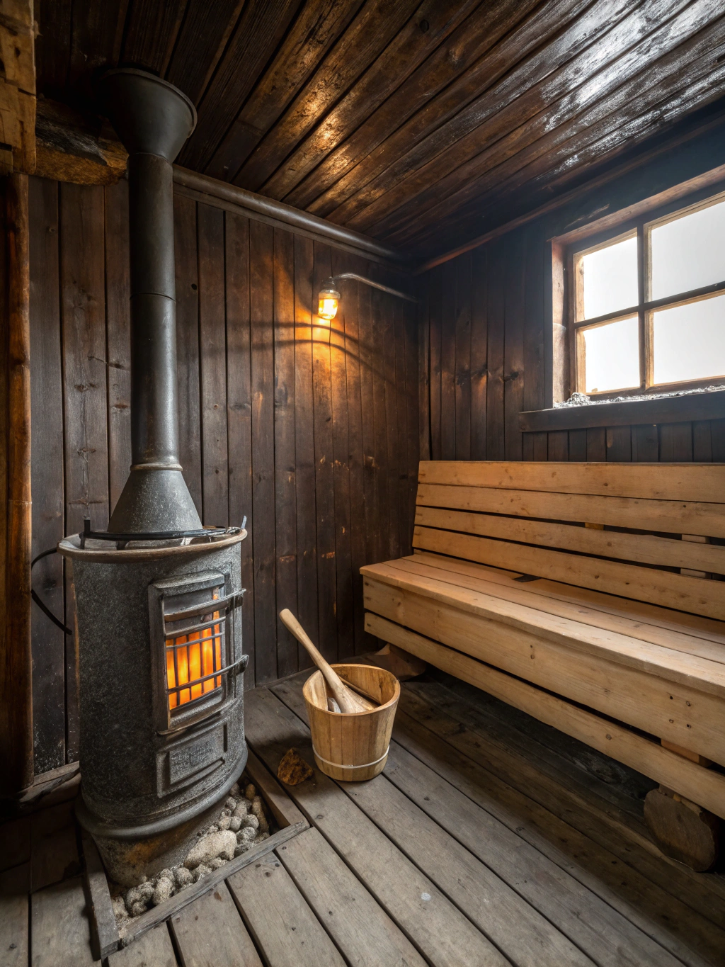 Wood-fired mobile sauna tent interior with portable stove, lava rocks, glowing embers, cedar benches, and Aufguss steam ritual